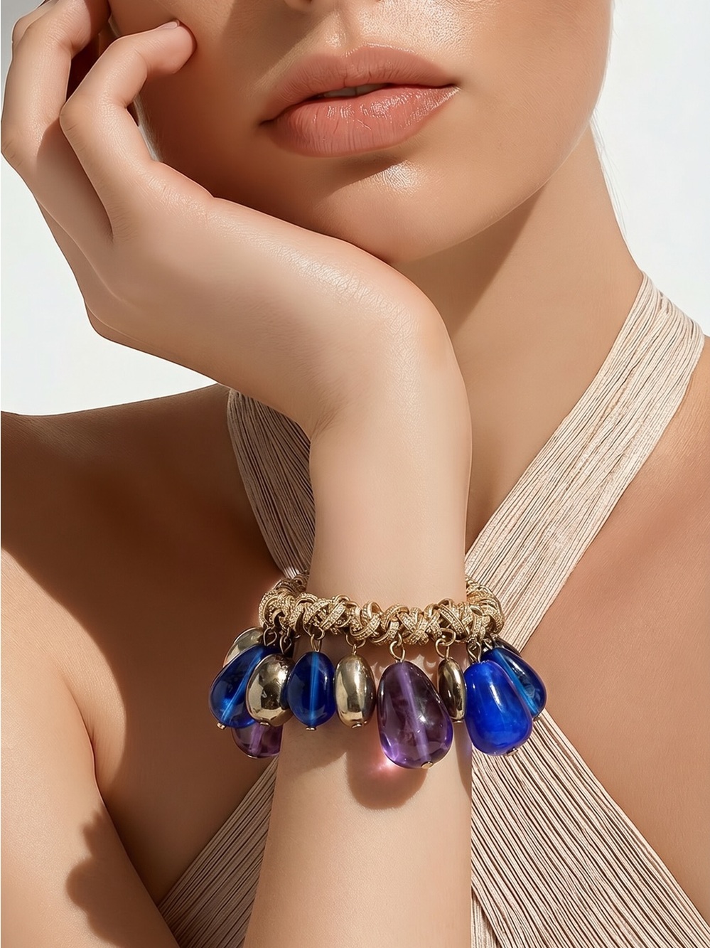 Blue and silver beads with stretch steel bracelet
